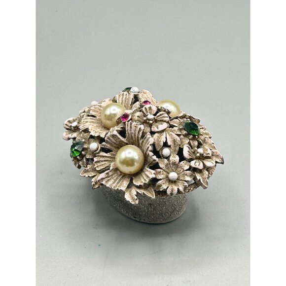 Vintage Florenza Small Enameled Trinket Box Basket of Flowers Rhinestones Pearls - Picture 5 of 14